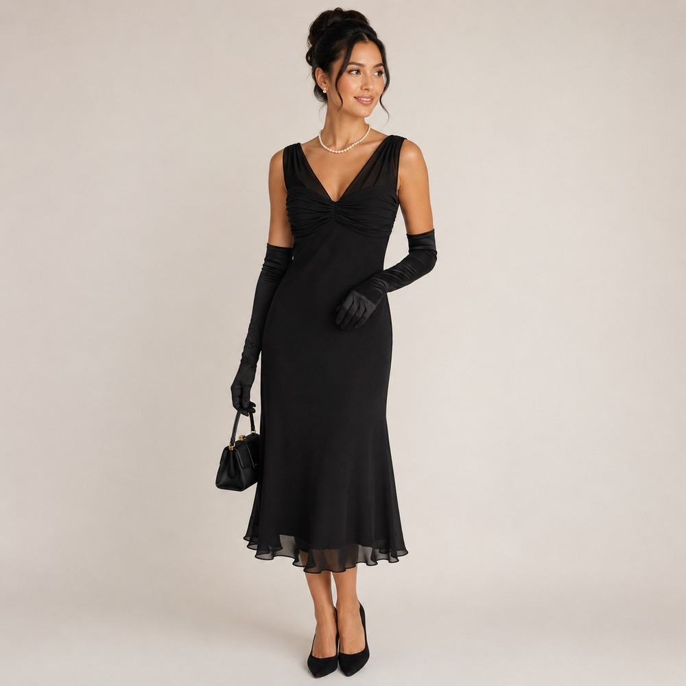 JONES NEW YORK Vtg 90s Silk Midi Maxi Dress 8 Black Tie Whimsigoth Fairy - Picture 16 of 16